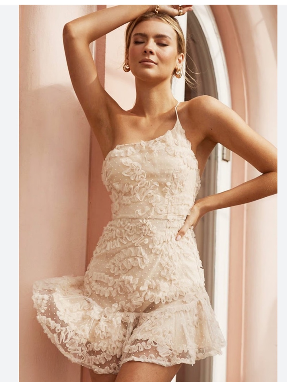 Selfie Leslie Ivory One-Shoulder Lace Mini Dress